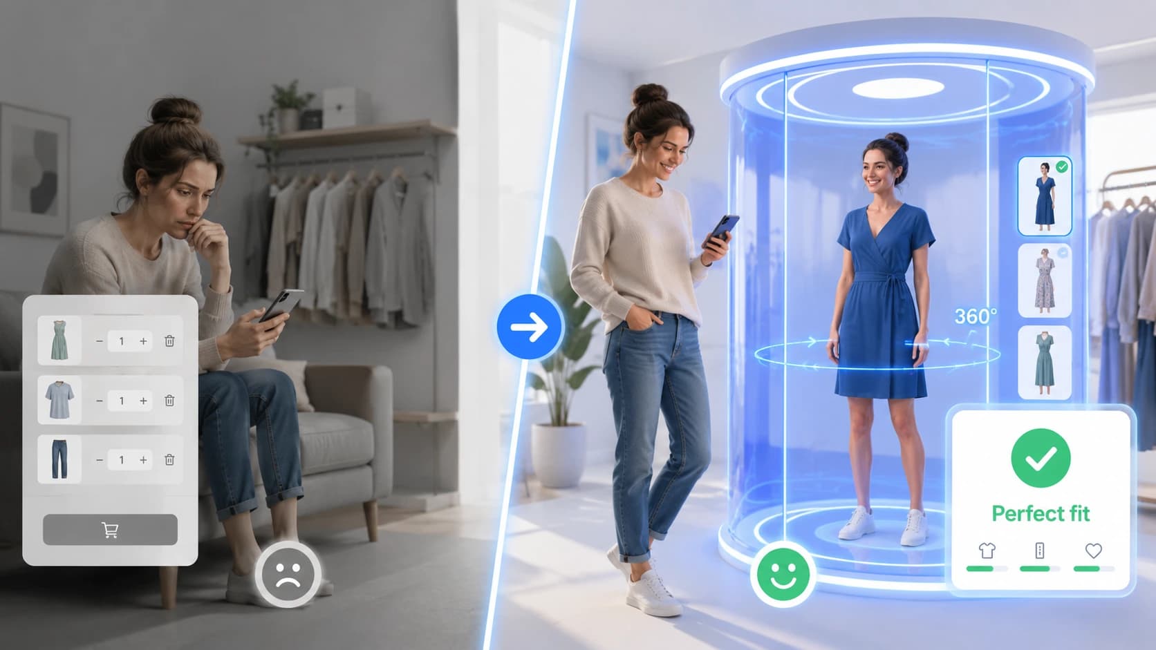 Prima e dopo Cabina: acquirente incerta col carrello vs. prova virtuale sulla propria foto con taglia perfetta