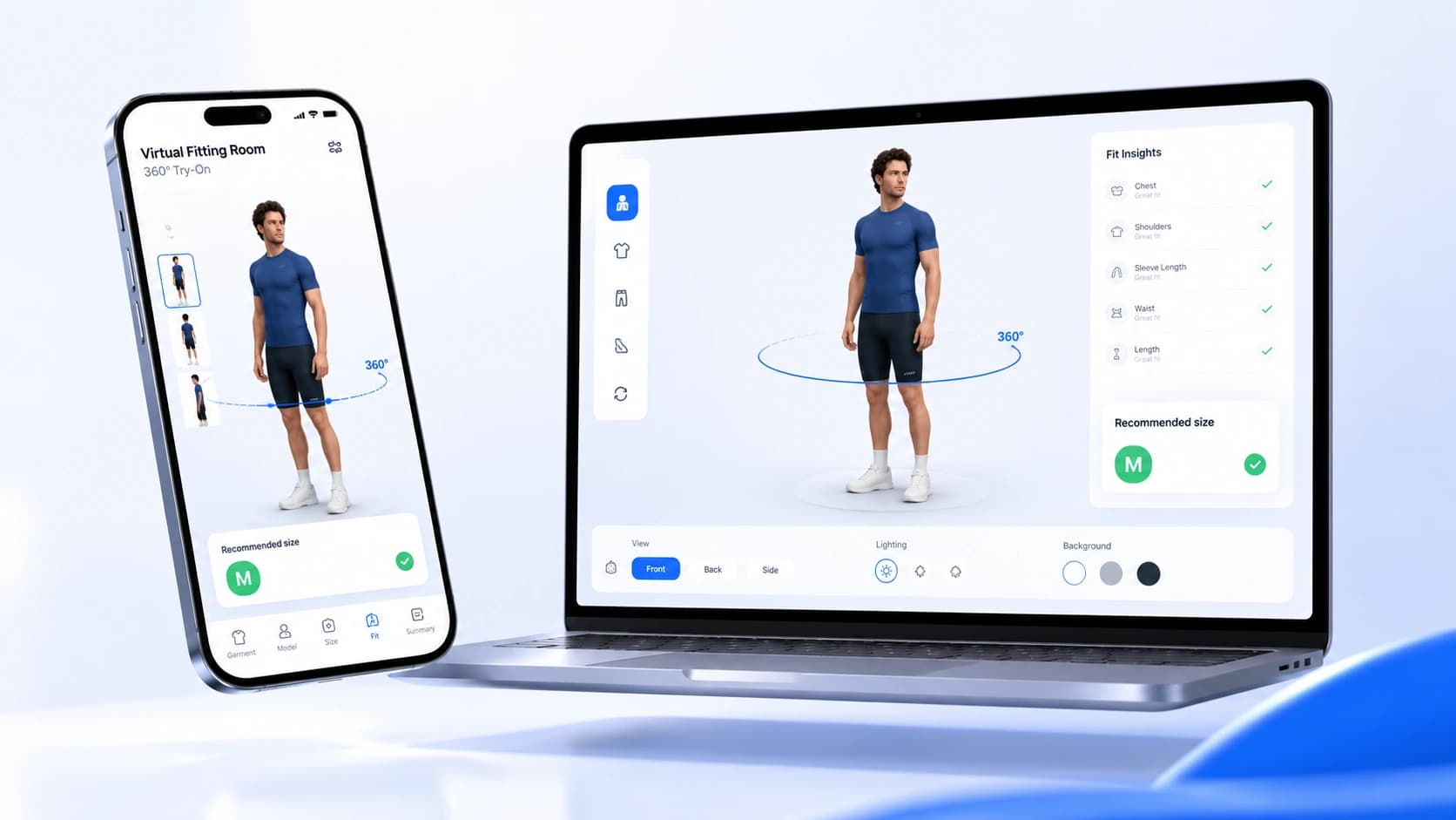 Cabina — cabina di prova virtuale: il capo indossato sulla tua foto reale, con taglia consigliata, su smartphone e laptop
