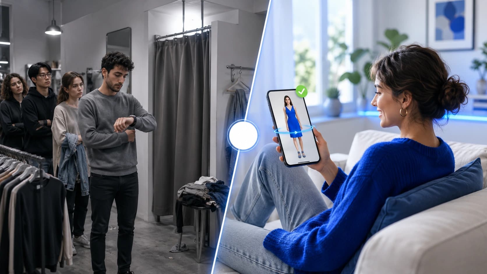 Prima vs Adesso: coda al camerino fisico vs prova virtuale da casa sullo smartphone