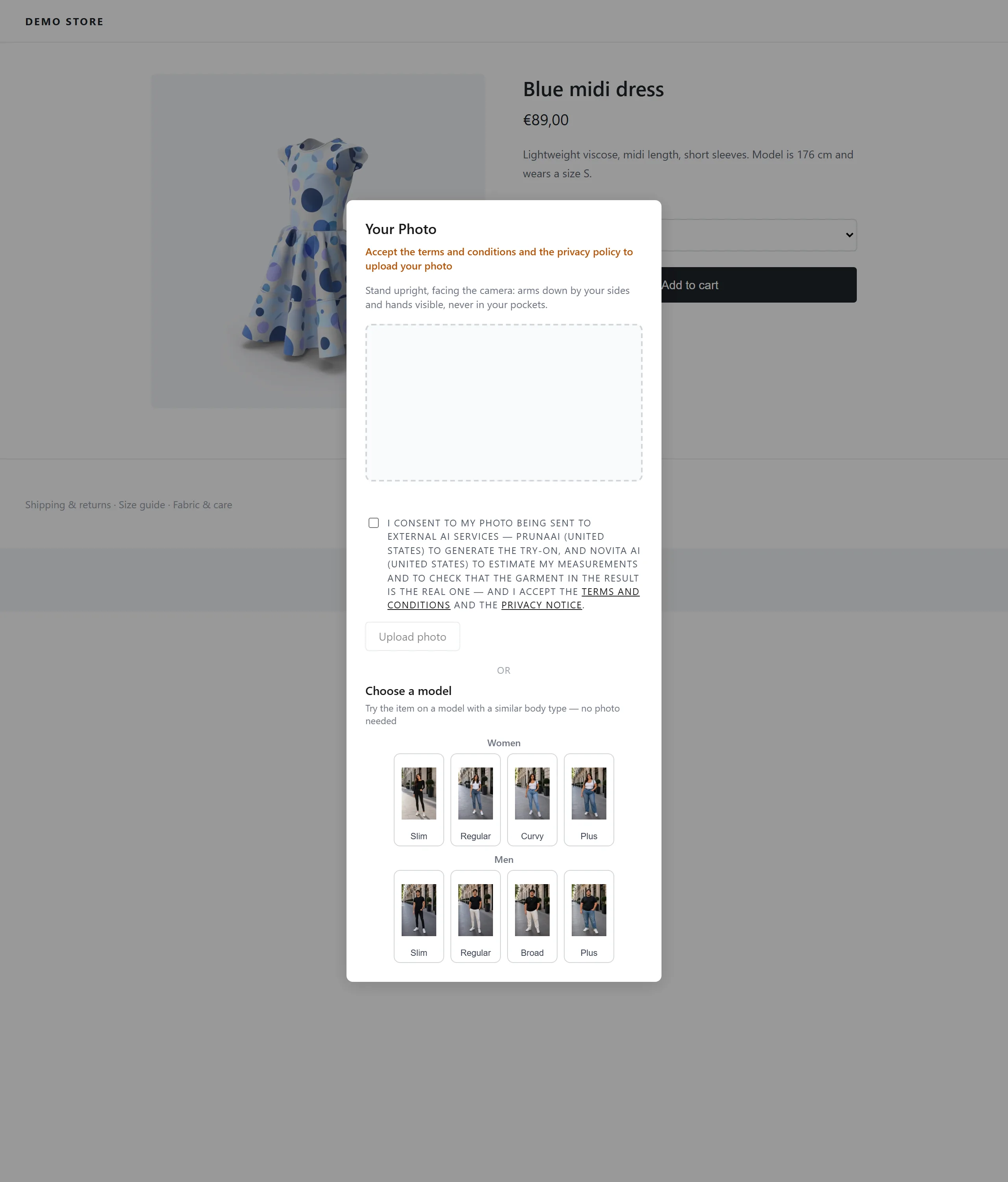 The Cabina fitting room open over a product page, asking for a photo or a preset model.